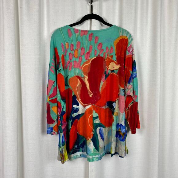 Ali Miles Teal&Bright Red Abstract Floral 3/4 Sleeve Top Sz.1X - Picture 5 of 8